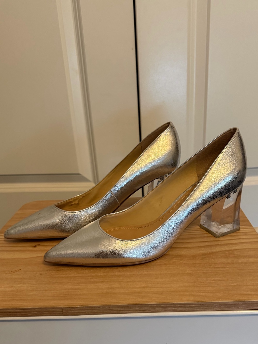 Marc Fisher Silver Pointed Toe Pumps with Clear Block Heel Size 11